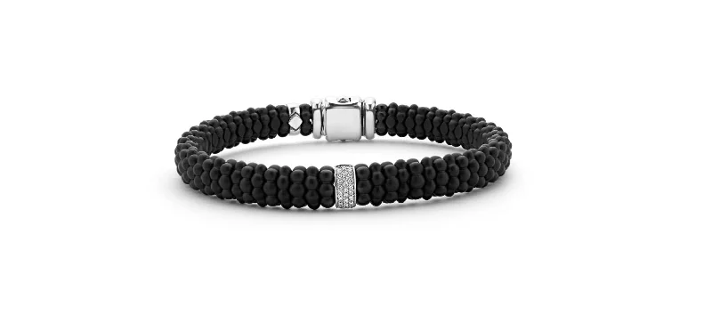 ladies-heart-multi-strand-bracelets-Black Caviar 0.13Ct Diamond Beaded Station Rope Bracelet in Sterling Silver, 18K Yellow Gold and Matte Black Ceramic, size 7