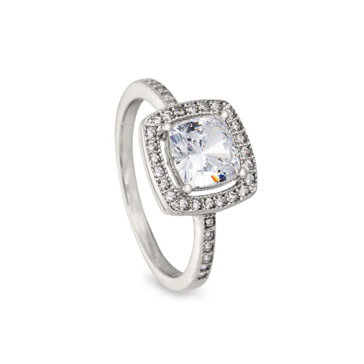 Ladies rings etched shine -Platinum Finish Sterling Silver Micropave Cushion Cut Ring with 37 Simulated Diamonds