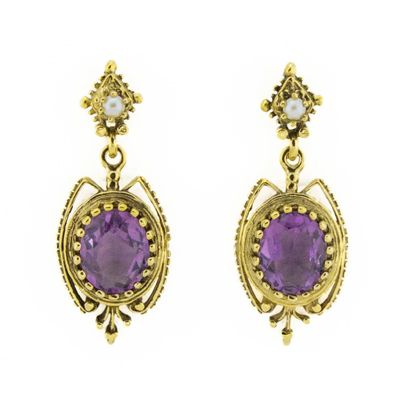 Ladies earrings with jet sapphire -5.80ctw Amethyst and Pearl Vintage Gemstone Earrings in 14K Yellow Gold