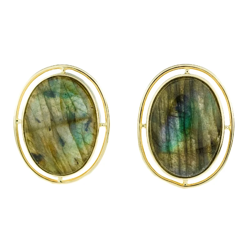 Ladies earrings with ridge elegance -Abalone Solitaire Gemstone Earrings in 14K Yellow Gold