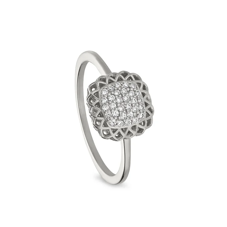 Ladies rings with pearl inlays -Platinum Finish Sterling Silver Micropave Pillow with Filigree Edge Ring with Simulated Diamonds