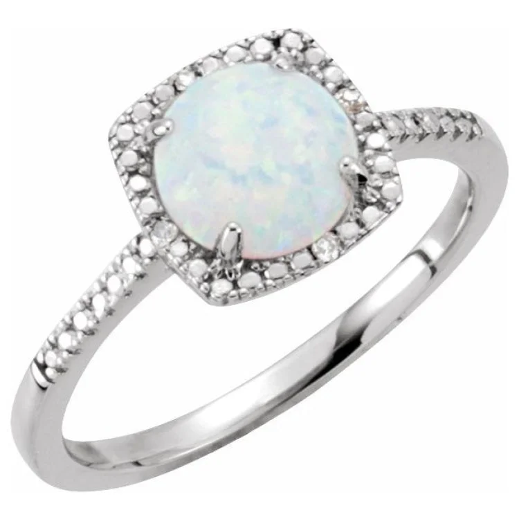 Ladies rings with dusk shine -Sterling Silver Lab-Grown White Opal & .01 CTW Natural Diamond Ring