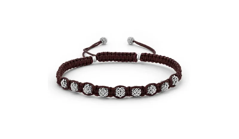 ladies-flower-adjustable-cuff-bracelets-Anthem Brown Macrame Caviar Ball Rope Bracelet in Sterling Silver, Size 8