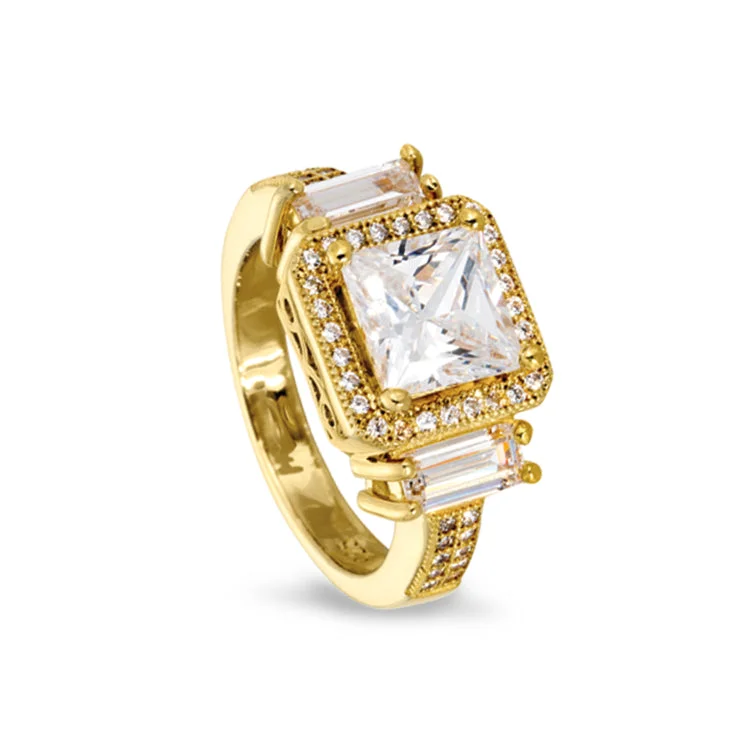 Ladies rings for video elegance -Gold Finish Sterling Silver Micropave Princess Cut Ring with 51 Simulated Diamonds