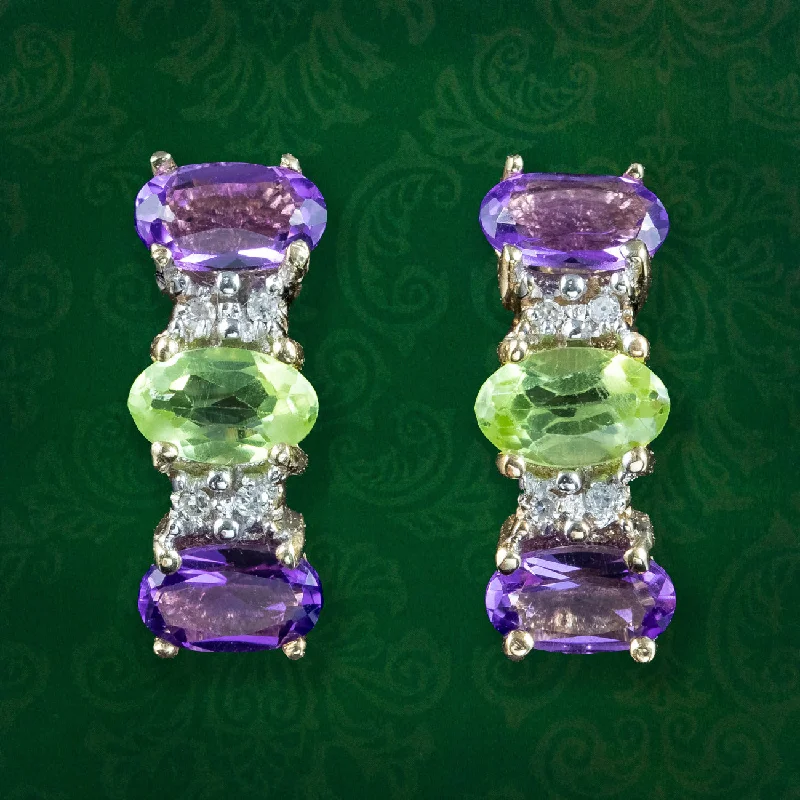 Ladies earrings for award charm -Edwardian Suffragette Style Earrings Amethyst Peridot Diamond 9ct Gold