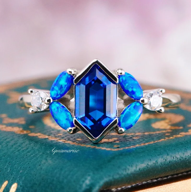 Ladies wedding rings with ash apatite -Blue Fire Opal & Sapphire Engagement Ring- Sterling Silver