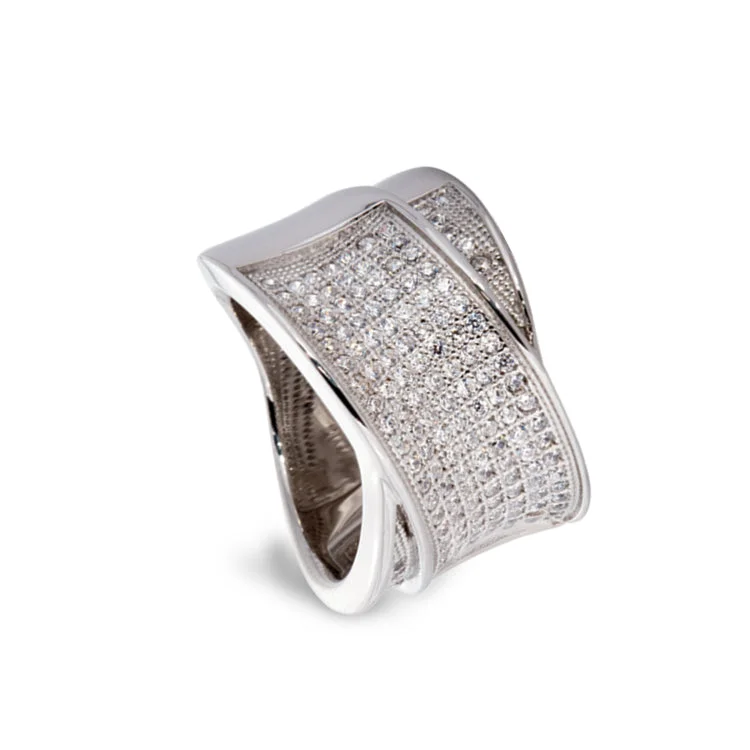 Ladies rings for retreat elegance -Platinum Finish Sterling Silver Micropave Ribbon Ring with 147 Simulated Diamonds