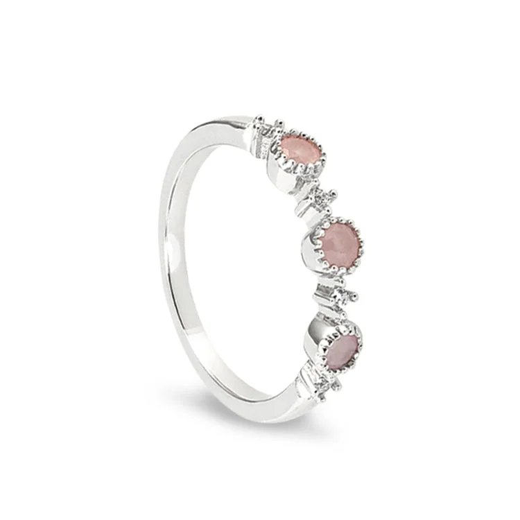 Ladies rings with ridge shine -Platinum Finish Sterling Silver Pink 3 Stone Ring with Simulated Diamonds