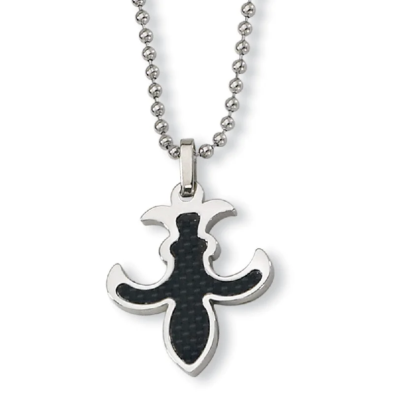 ladies-bohemian-y-drop-necklaces-Stainless Steel and Black Carbon Fiber Fleur de lis Necklace - 22 Inch