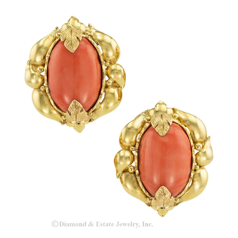 Ladies earrings with nova elegance -Vintage Extra Large Coral Yellow Gold Clip On Earrings Circa 1970s