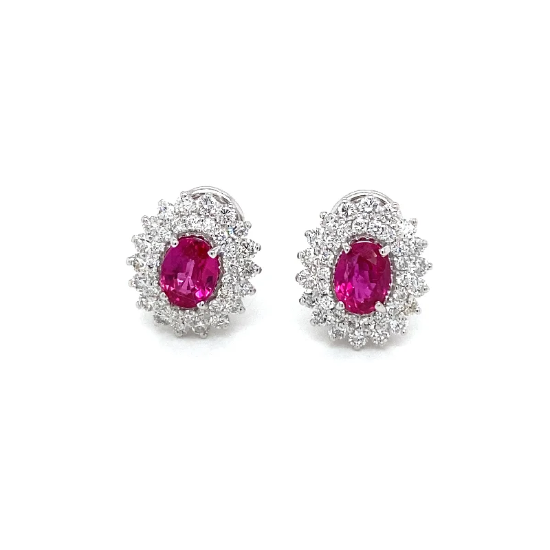 Ladies earrings with ash sapphire -Vintage 2 Carat Ruby Diamond Gold Cluster Stud Earrings