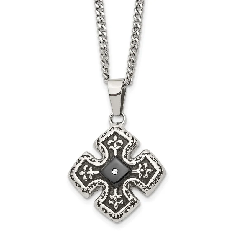 ladies-ethnic-curb-chain-necklaces-Stainless Steel, Black Plated & CZ Celtic Cross Necklace, 20 Inch