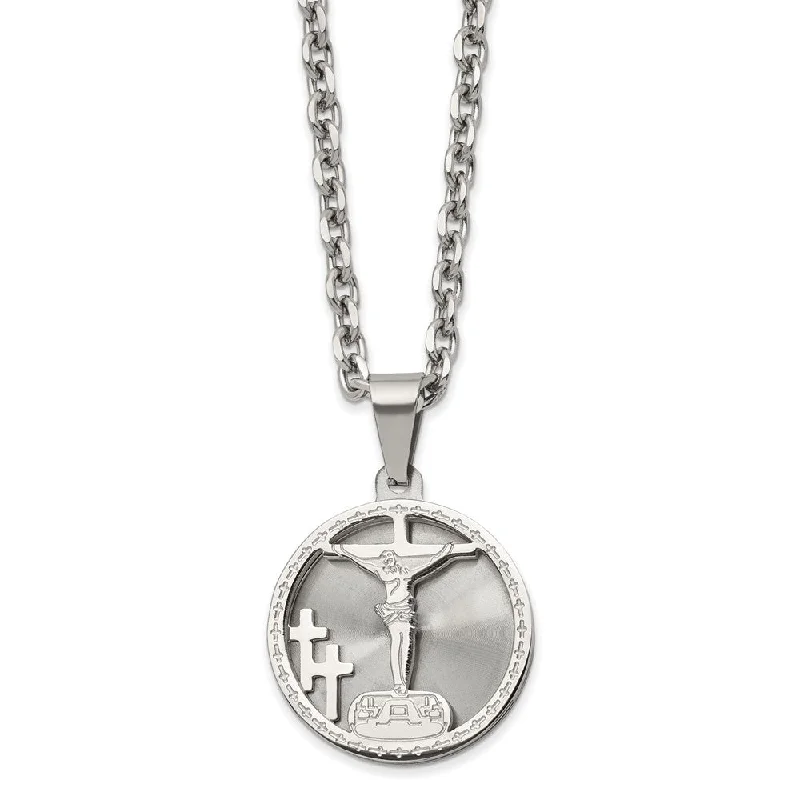 ladies-diamond-gold-necklaces-Stainless Steel 26mm Round Laser Cut Crucifix Necklace, 24 Inch