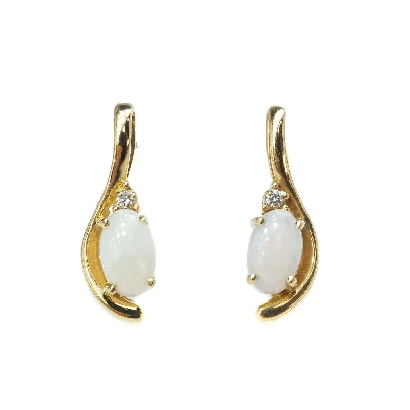 Ladies earrings with initial charms -Opal and Diamond Stud Earrings in 14K Yellow Gold