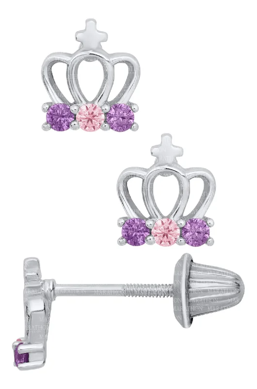 Ladies earrings for digital charm -Child's CZ Crown Stud Earrings in Silver