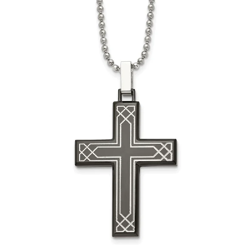 ladies-flower-multi-strand-necklaces-Stainless Steel, Black Plated & Laser Etched Cross Necklace, 24 Inch