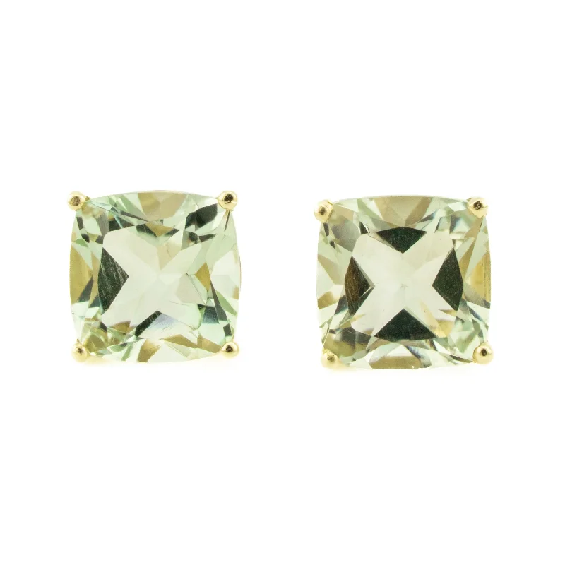 Ladies earrings fine shine -6.72ctw Cushion Cut Green Amethyst Stud Earrings in 14K Yellow Gold