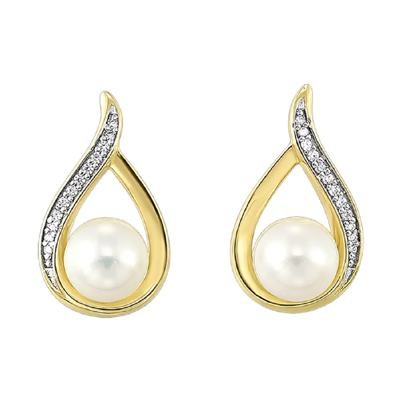 Ladies earrings fade-proof metal -Pearl and DIamond Earrings in Yellow Gold