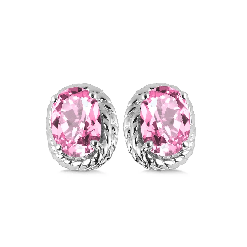 Ladies earrings with plum sapphire -Created Pink Sapphire Stud Earrings in Silver