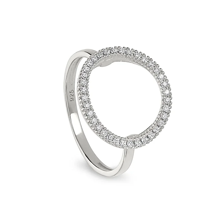 Ladies rings with fin shine -Platinum Finish Sterling Silver Micropave Open Circle Ring with Simulated Diamonds