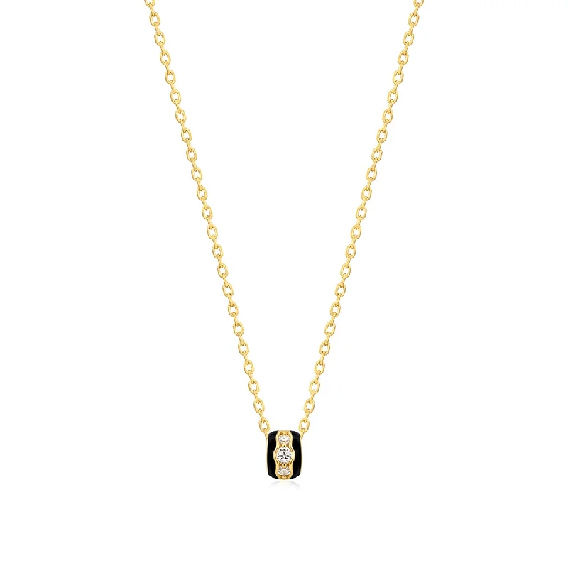 ladies-crystal-diamond-necklaces-Gold Plated Black Enamel & CZ Channel Rondelle Necklace