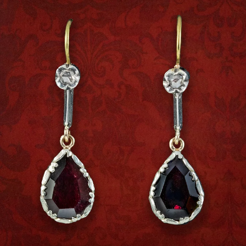 Ladies earrings for starry charm -Georgian Style Garnet Diamond Drop Earrings Silver 18ct Gold