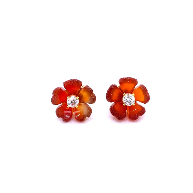 Ladies earrings with dusk tourmaline -1960s Diamond Carnelian Stud Flower Earrings