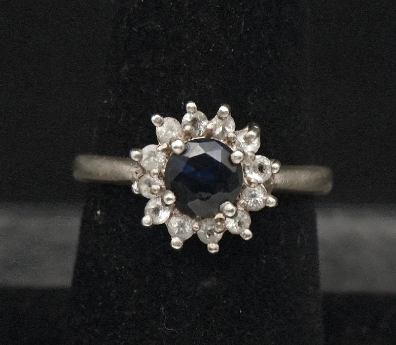 Ladies rings for cocktail charm -Vintage Sapphire and Topaz Sterling Silver Halo Ring - Size 7