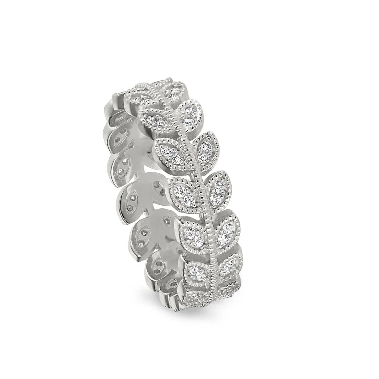 Ladies rings for elegant wardrobes -Platinum Finish Sterling Silver Micropave Leaf Ring with Simulated Diamonds