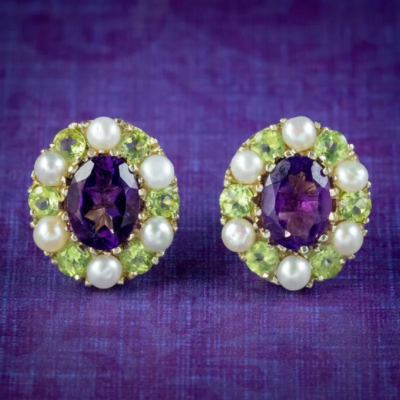 Ladies earrings for retreat elegance -Edwardian Suffragette Style Cluster Earrings Amethyst Peridot Pearl