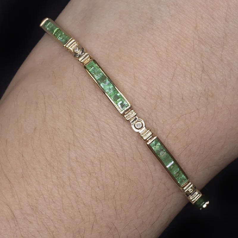 ladies-statement-rigid-link-bracelets-VINTAGE EMERALD DIAMOND BRACELET 14k YELLOW GOLD CHANNEL SET NATURAL ESTATE