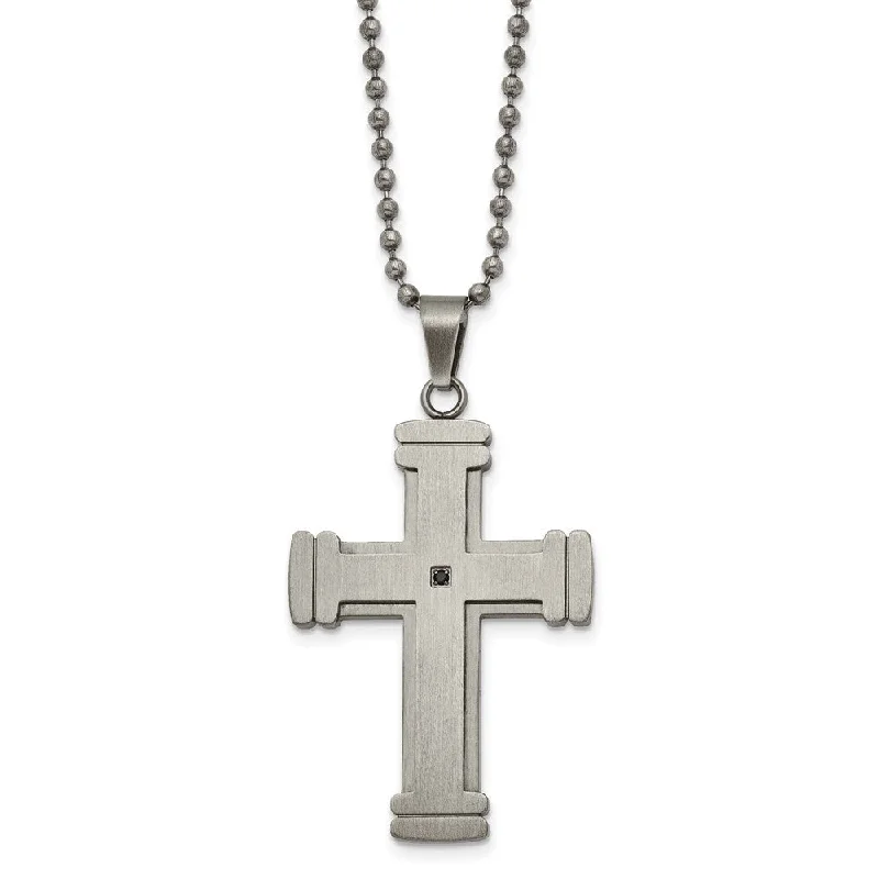 ladies-ethnic-curb-chain-necklaces-Stainless Steel & Black CZ Antiqued Brushed Cross Necklace, 22 Inch