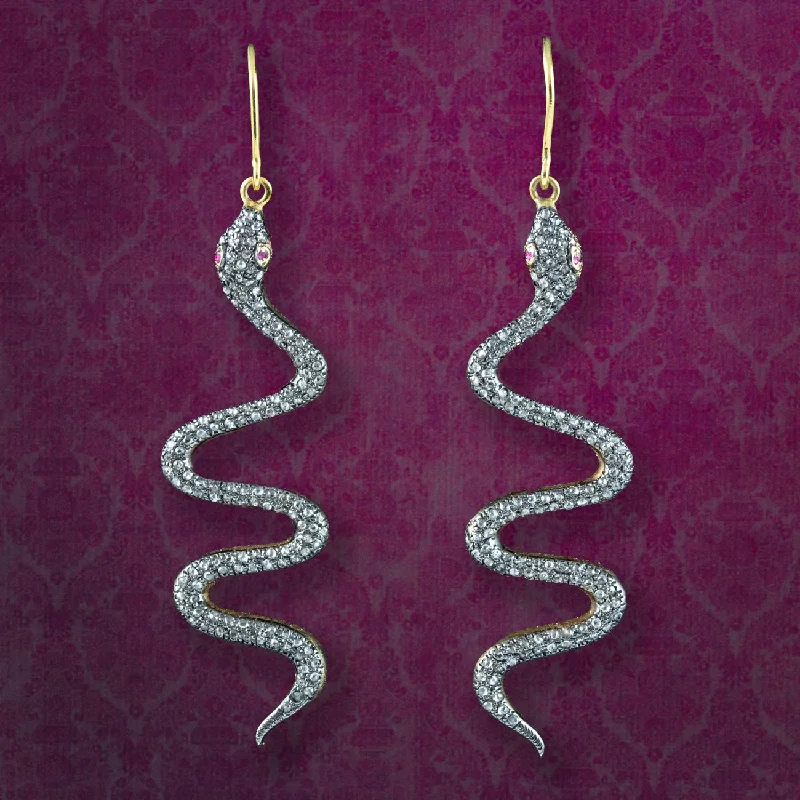 Ladies earrings glowing elegance -Victorian Style Diamond Snake Drop Earrings 18ct Gold Silver