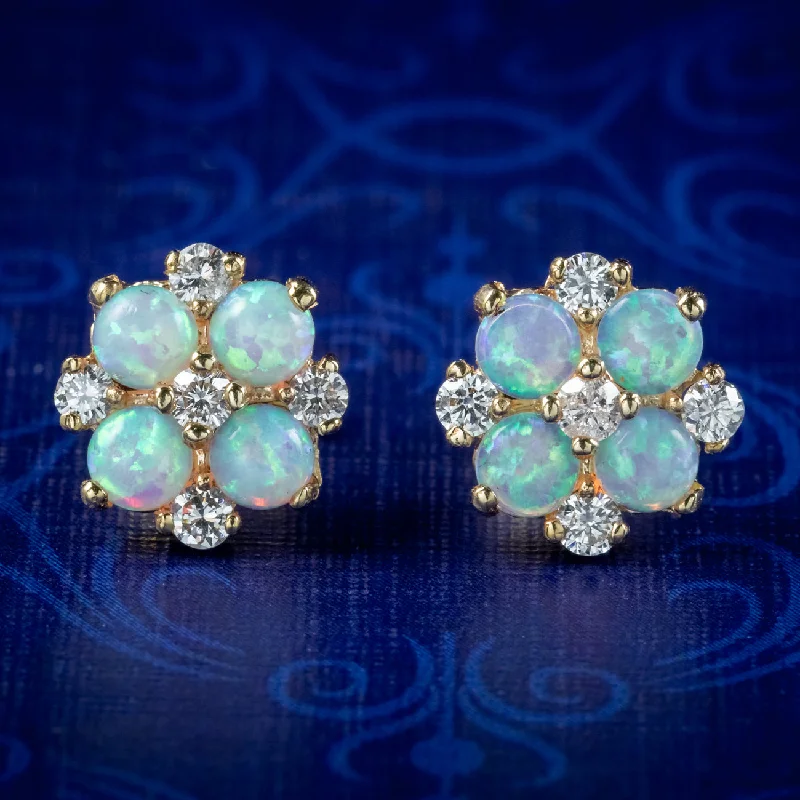 Ladies earrings for lawyer charm -Victorian Style Opal Diamond Cluster Stud Earrings 9Ct Gold 1.60Ct Opal