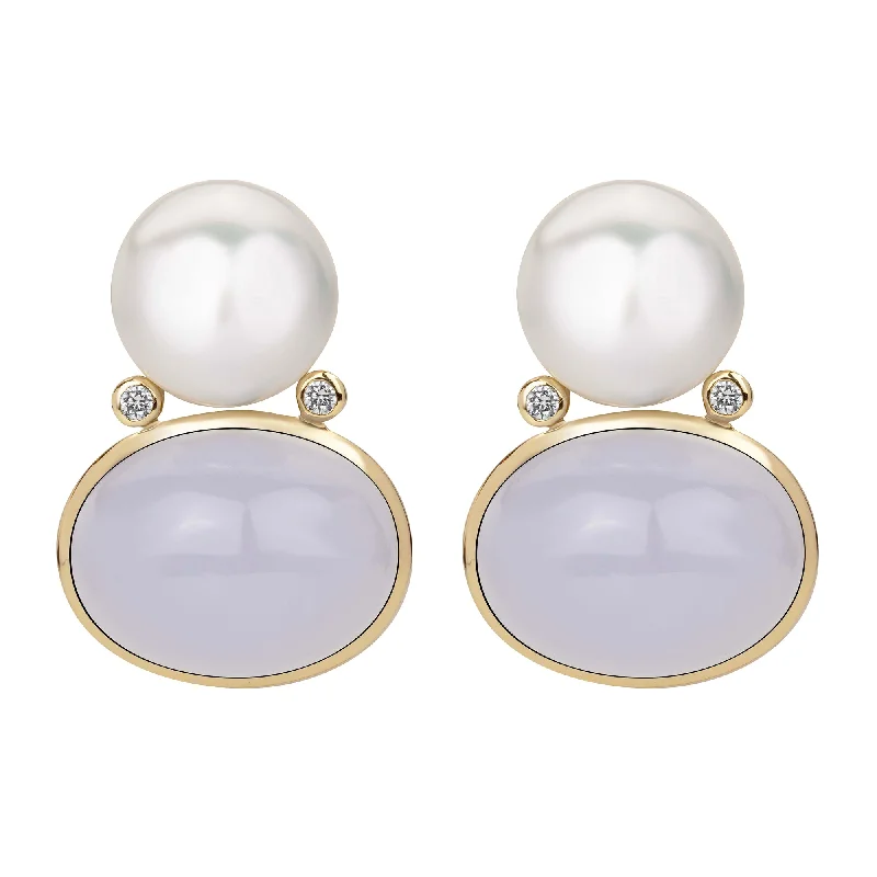 Ladies earrings with ridge elegance -Earrings - South Sea Pearl, Chalcedony And Diamond