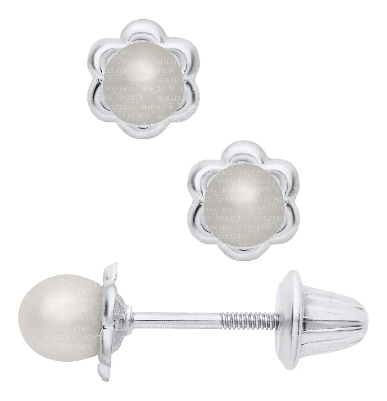 Ladies earrings polished shine -Child's Pearl Stud Earrings in Silver