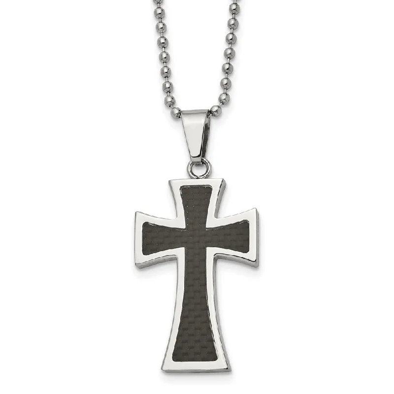 ladies-affordable-beaded-choker-necklaces-Stainless Steel & Blk Carbon Fiber Maltese Cross Necklace, 22 Inch