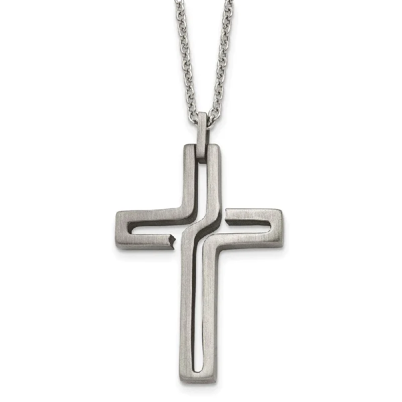 ladies-affordable-rose-gold-necklaces-Mens Stainless Steel Brushed & Antiqued Voided Cross Necklace, 20 Inch