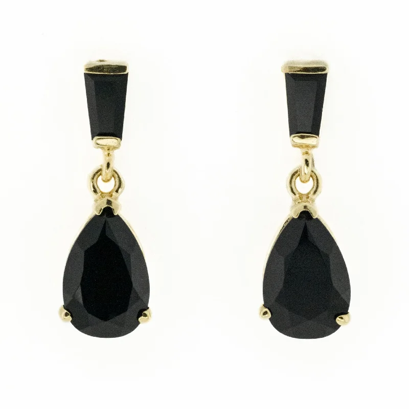 Ladies earrings with blaze shine -Onyx Dangle Earrings in 10K Yellow Gold