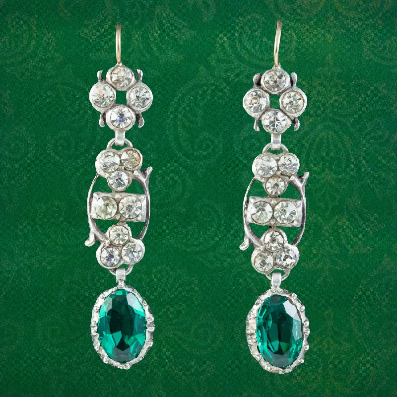 Ladies earrings for cozy elegance -Georgian Style Green Paste Drop Earrings Silver