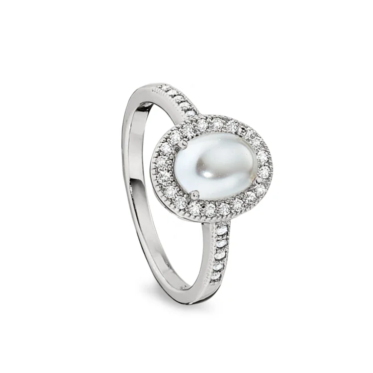 Ladies rings with nova shine -Platinum Finish Sterling Silver Micropave Cabochon Cut Pearl Ring with Simulated Diamonds