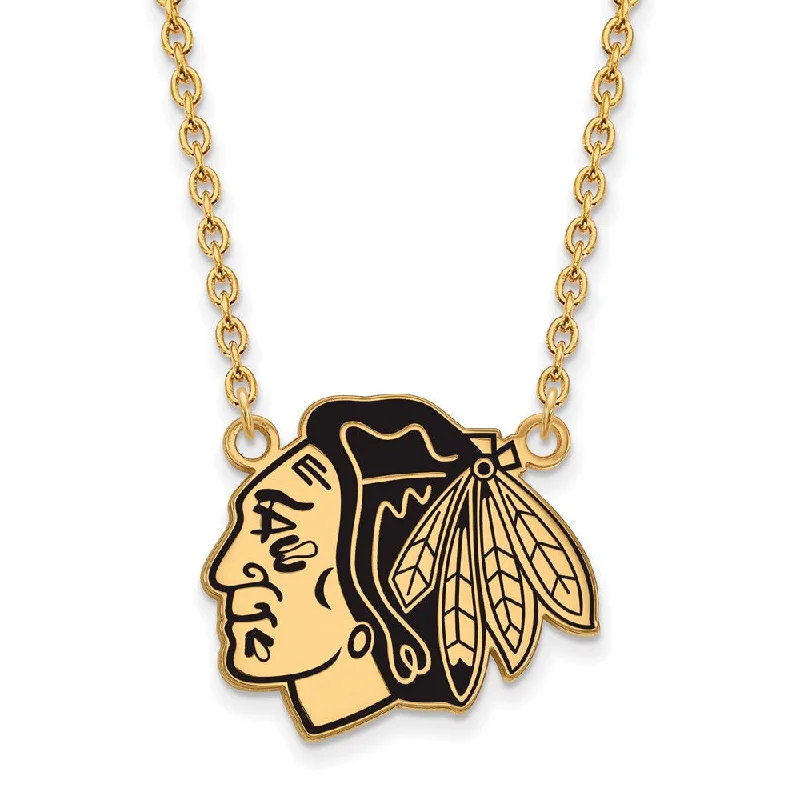 ladies-star-bar-pendant-necklaces-SS 14k Yellow Gold Plated NHL Blackhawks LG Enamel Necklace, 18 Inch