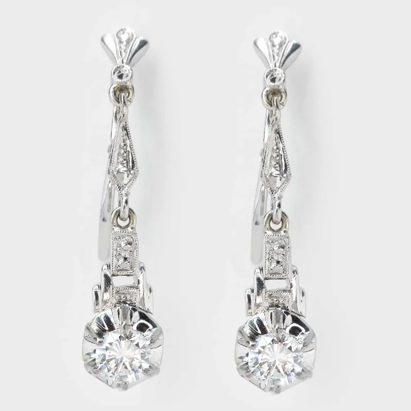 Ladies earrings for craft vibes -0.82ctw Round Diamond Vintage Buttercup Dangle Earrings in 18K White Gold