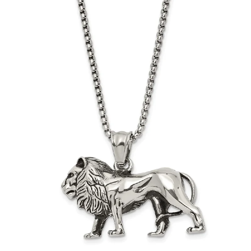 ladies-diamond-crystal-necklaces-Stainless Steel Antiqued & Polished Lion Necklace, 25.5 Inch