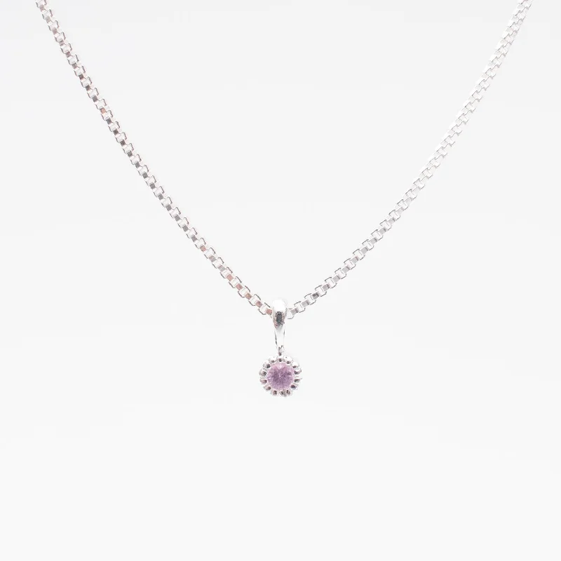 ladies-minimalist-silver-necklaces-Silver Tiny Milgrain Edge Pink Sapphire Necklace