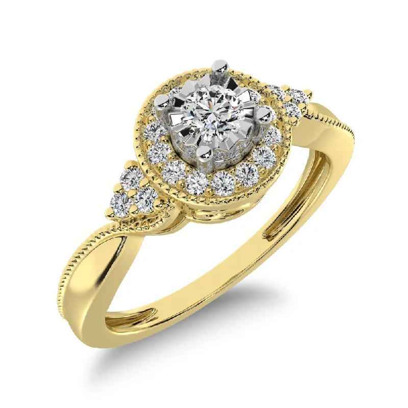 Ladies wedding rings for devoted partners -10K Yellow Gold Diamond 1/5 Ct.Tw. Milgrain detail Halo Engagement Ring