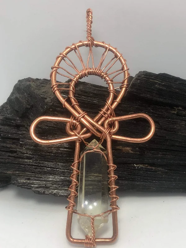 ladies-moon-y-drop-necklaces-Citrine Kemetic Coptic Cross Copper Ankh Wirewrapped Pendant Necklace