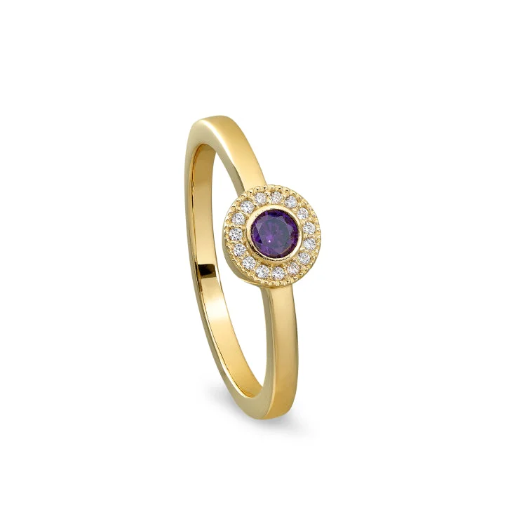 Ladies rings for cafe elegance -Gold Finish Sterling Silver Micropave Round Simulated Amethyst Ring with Simulated Diamonds Size 4