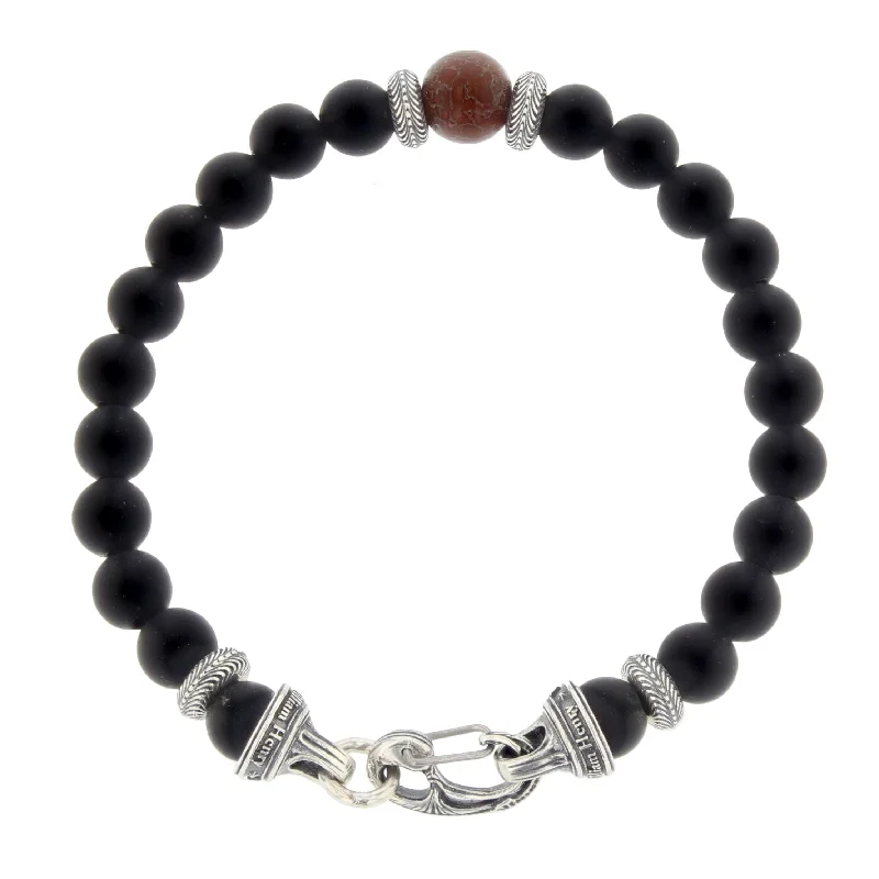 ladies-diamond-rose-gold-bracelets-BB6 DB RB STERLING SILVER FROSTED BLACK ONYX AND FOSSIL DINOSAUR BONE BEADS GENTIS BRACELET - LARGE