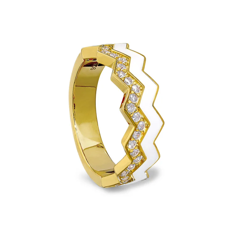 Ladies rings for party shine -Gold Vermeil Sterling Silver Micropave Ring with with White Enamel and Simulated Diamondss